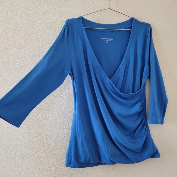 Soft Surroundings Faux Wrap Top Periwinkle Blue Pima Cotton Womens Size L - Picture 4 of 9